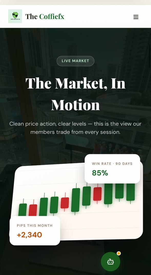 CoffieFX live market view — 85% 90-day win rate, +2,340 pips this month