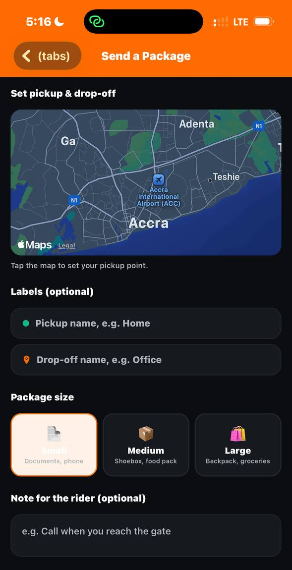 SwiftDrop send-a-package screen with live map of Accra